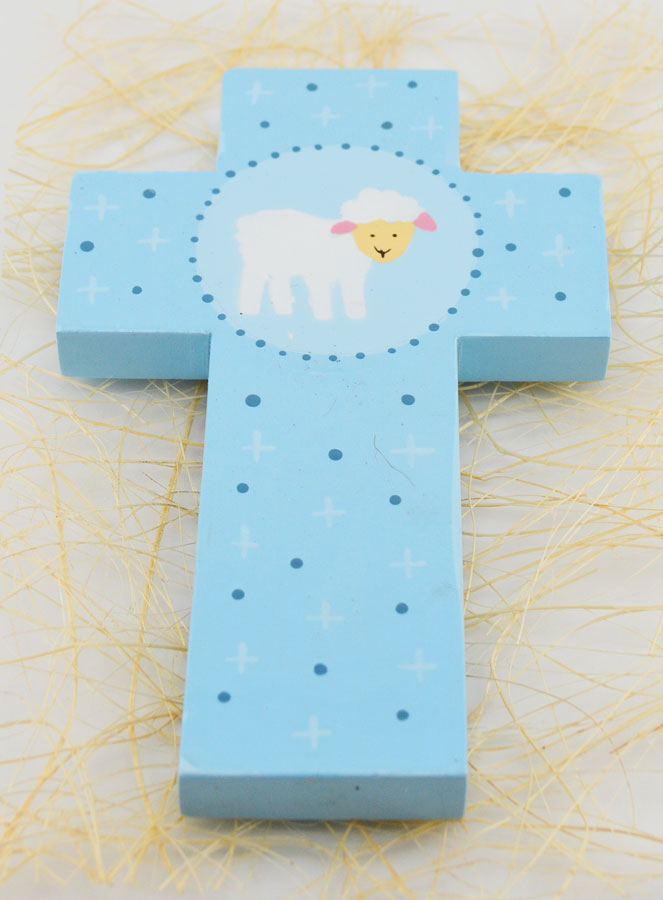 Croix Enfant en Bois Petite Brebis Bleu - 12 cm (pic 2)