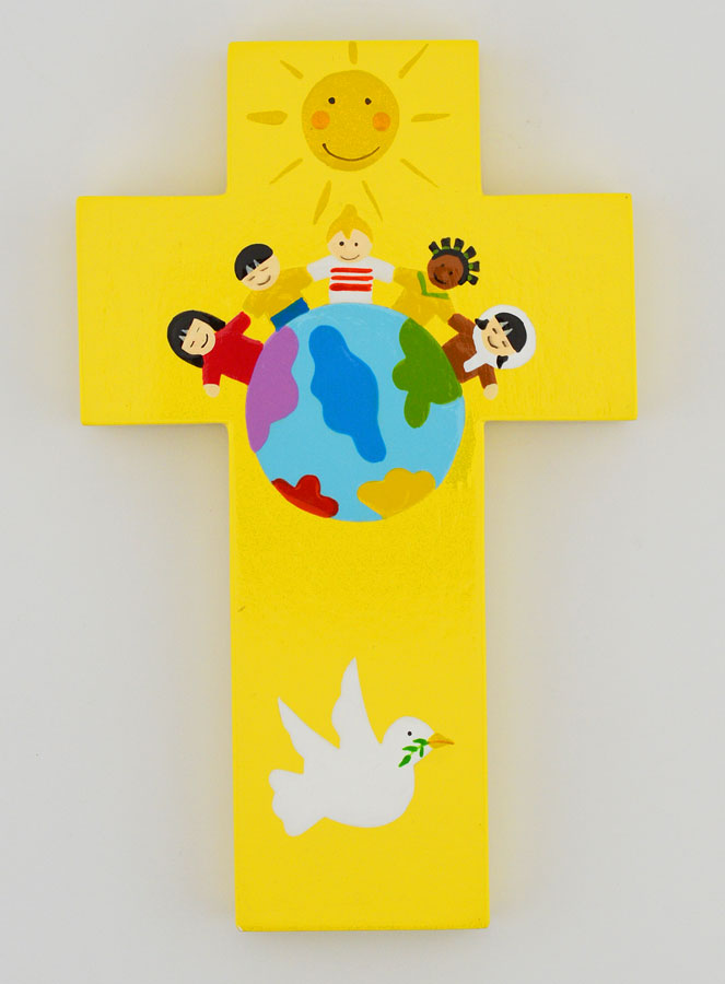 Croix en Bois Enfants du Monde Jaune - 12 cm (pic 1)