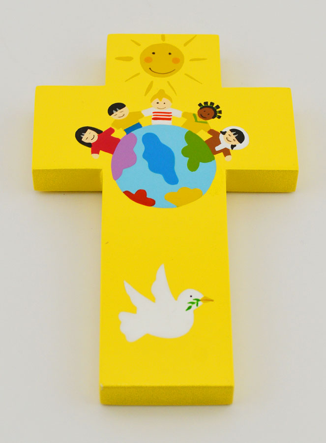 Croix en Bois Enfants du Monde Jaune - 12 cm (pic 2)
