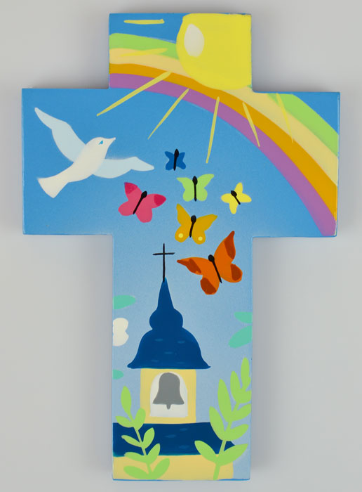 Croix Enfant en Bois Eglise Papillons et Arc-en-ciel 15 cm (pic 1)