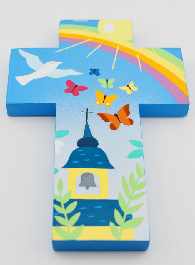 Croix Enfant en Bois Eglise Papillons et Arc-en-ciel 15 cm (pic 2)