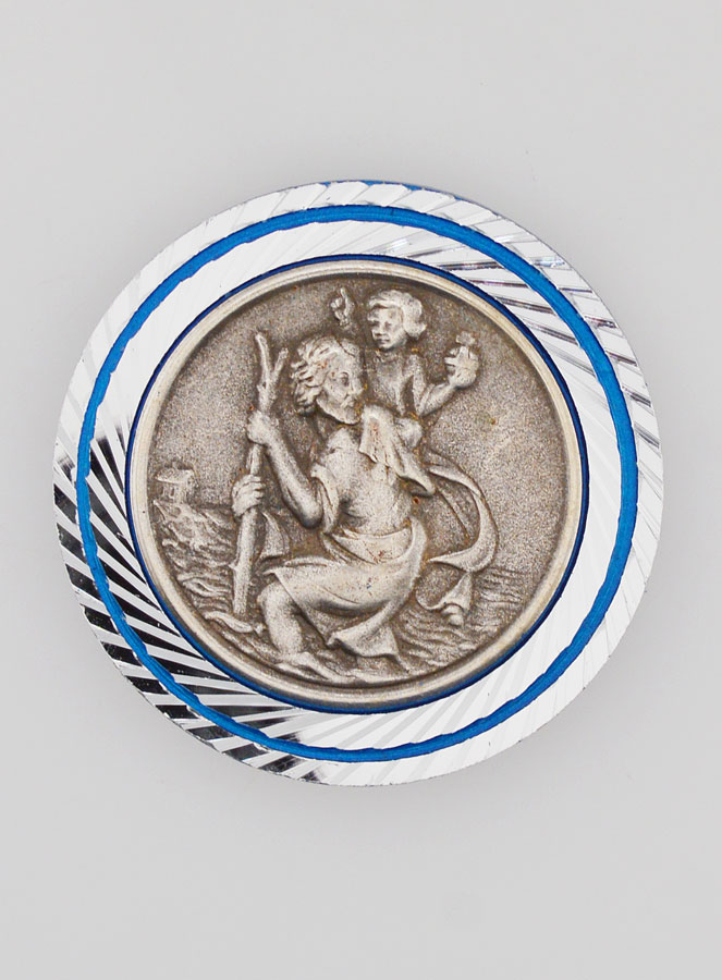 Plaque Auto de Saint Christophe Argenté et Liseré Bleu - 3.5 cm (pic 1)
