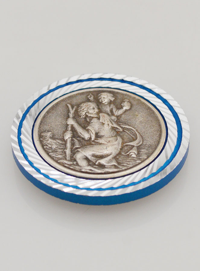 Plaque Auto de Saint Christophe Argenté et Liseré Bleu - 3.5 cm (pic 2)