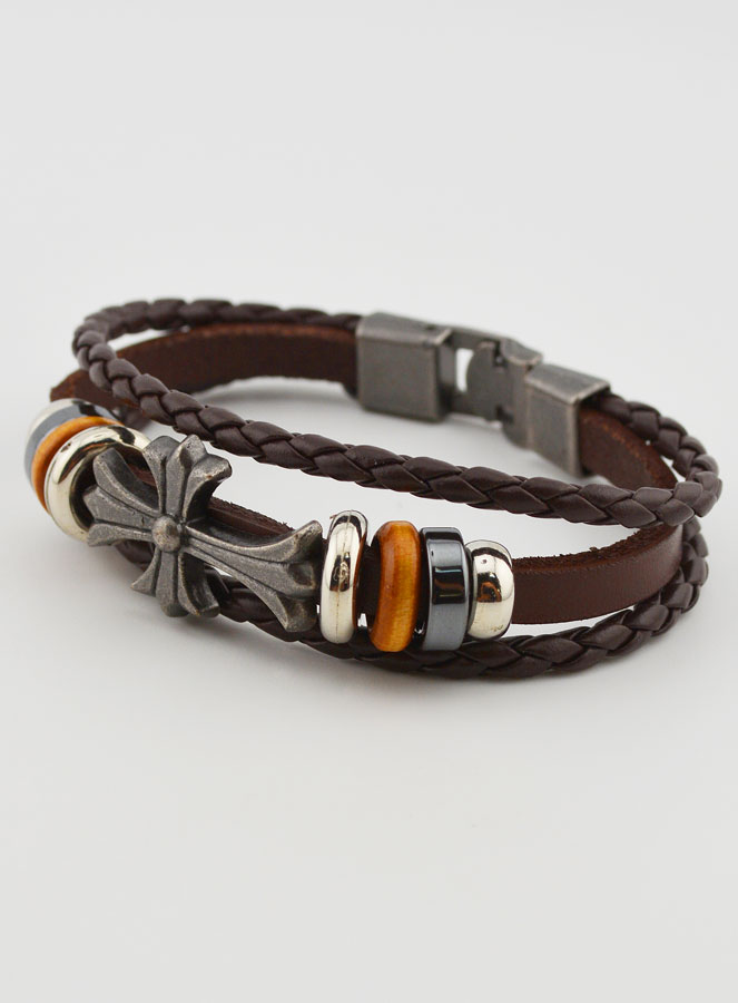 Bracelet Shamballa Cuir Marron et Croix Métal Fashion (pic 2)