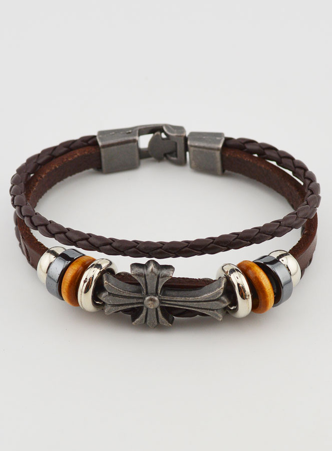 Bracelet Shamballa Cuir Marron et Croix Métal Fashion (pic 4)