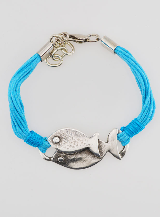 Bracelet Religieux Poisson Ichtus Métal Argenté - Multi cordons Bleus (pic 1)