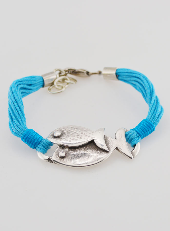 Bracelet Religieux Poisson Ichtus Métal Argenté - Multi cordons Bleus (pic 2)