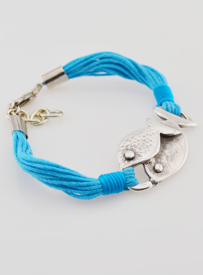 Bracelet Religieux Poisson Ichtus Métal Argenté - Multi cordons Bleus (pic 3)