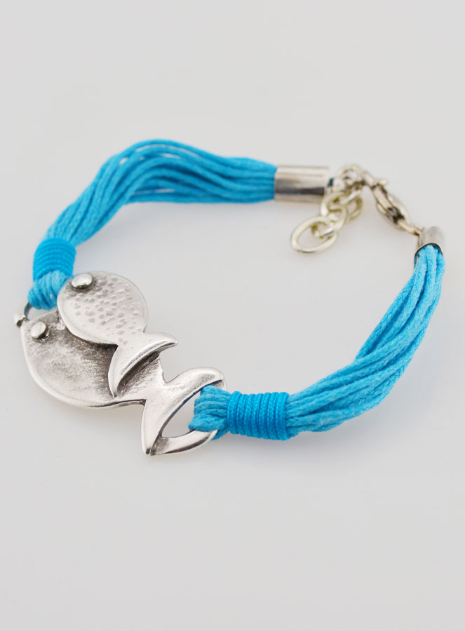 Bracelet Religieux Poisson Ichtus Métal Argenté - Multi cordons Bleus (pic 4)