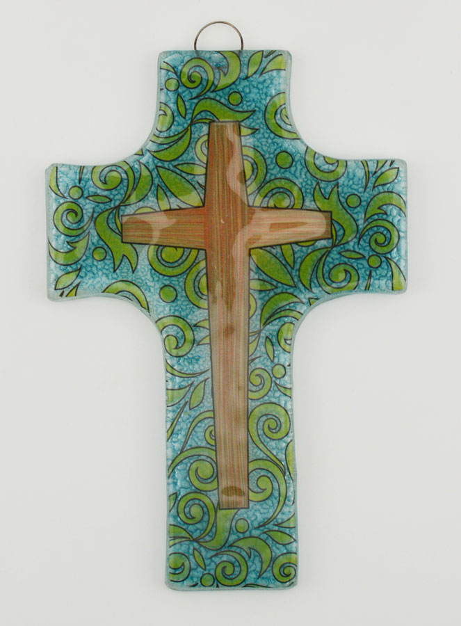 Croix en Verre Motif Moderne Fleuri - 12 cm (pic 1)