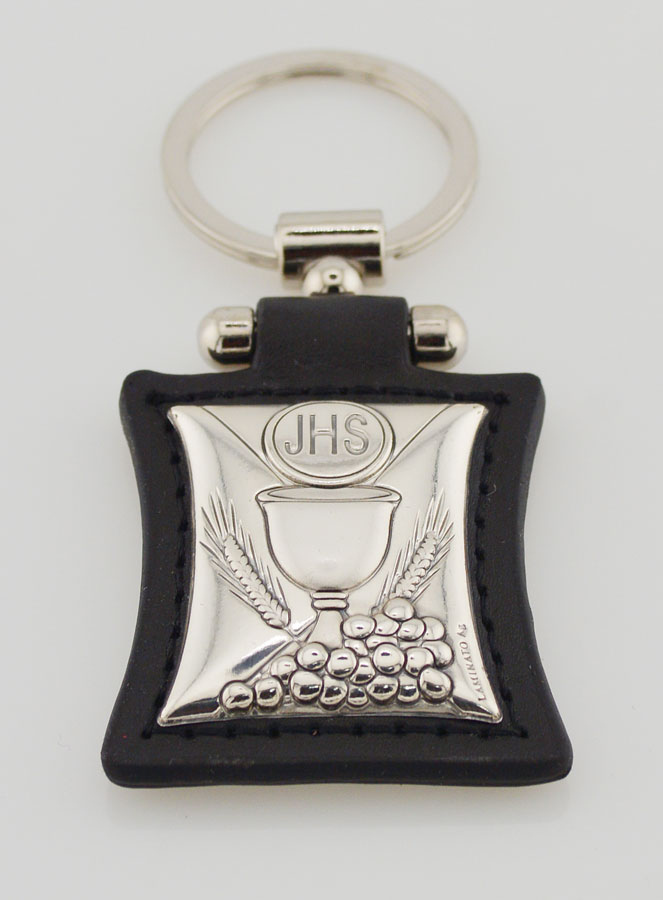 Porte-Clés Calice & Eucharistie en Cuir Noir et Médaille Argent (pic 2)