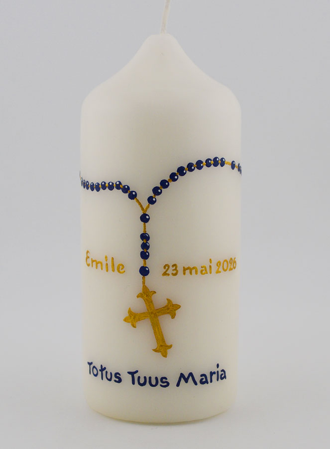 Cierge Religieux Modèle Chapelet - Gravure Prénom Peint à la Main (pic 1)