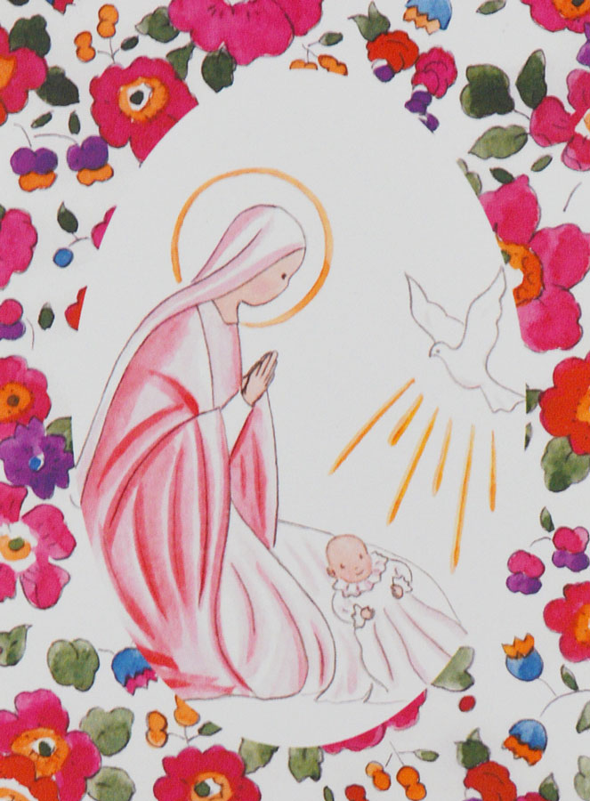 Carte de Baptême - Vierge Marie et Colombe de l'Esprit Saint - Fuchsia (pic 1)
