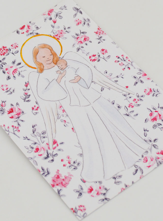 Carte de Baptême - Ange-Gardien Protecteur - Fleurs Roses (pic 3)