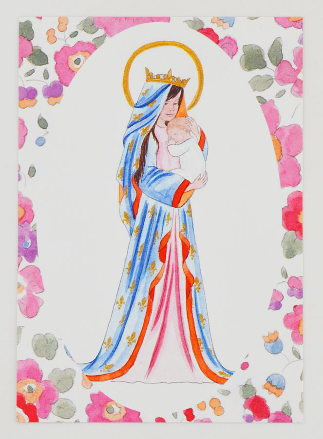 Carte de Baptême - Vierge Couronnée au Lys - Fleurs Rose (pic 1)