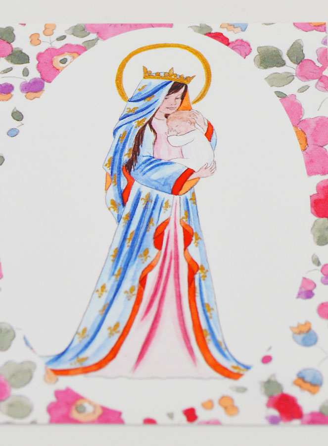 Carte de Baptême - Vierge Couronnée au Lys - Fleurs Rose (pic 2)