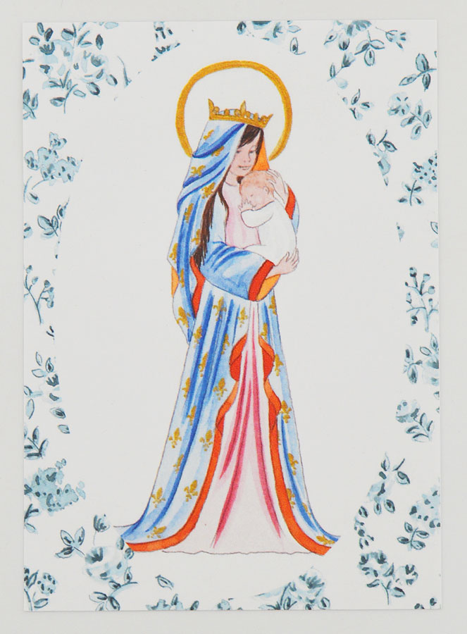 Carte de Baptême - Vierge Couronnée au Lys - Roses Bleu (pic 1)