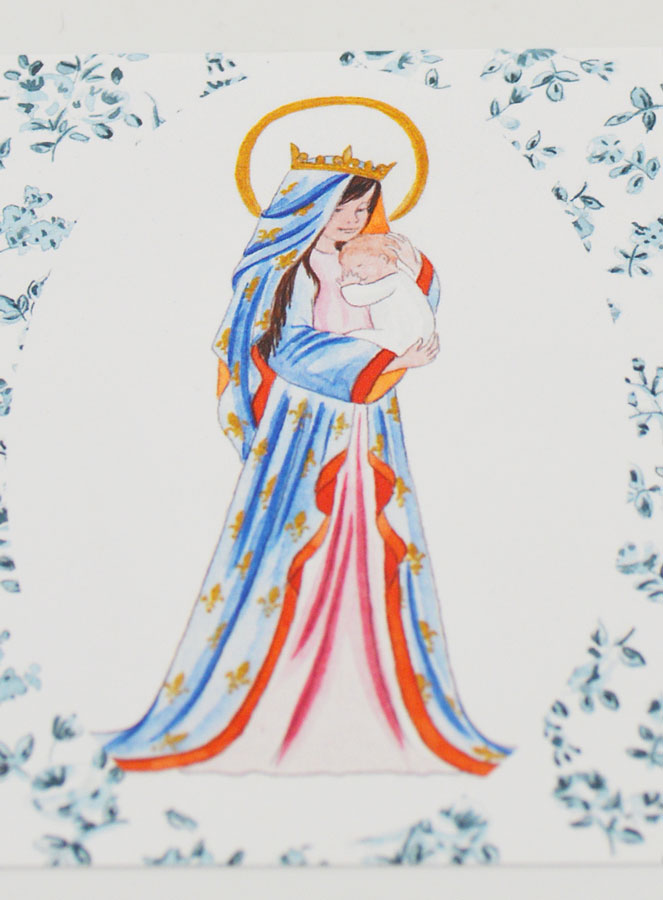 Carte de Baptême - Vierge Couronnée au Lys - Roses Bleu (pic 2)