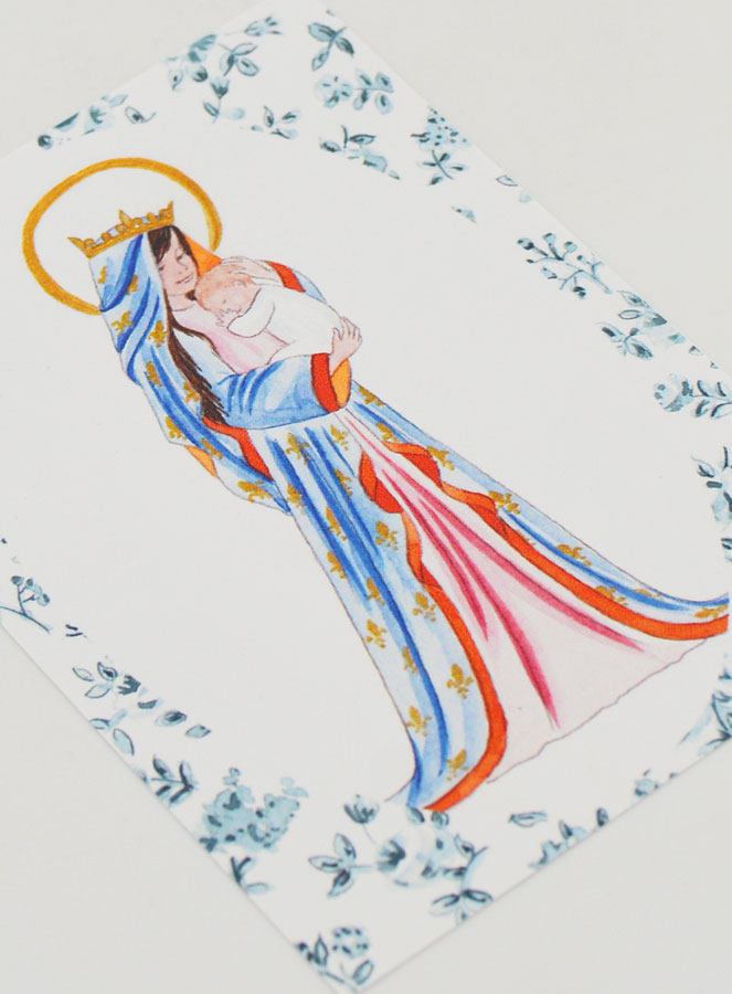 Carte de Baptême - Vierge Couronnée au Lys - Roses Bleu (pic 3)