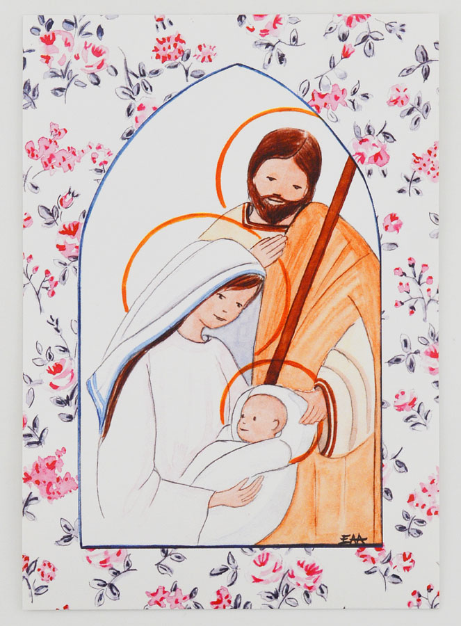 Carte de Baptême - Sainte Famille - Fleurs Rose (pic 1)