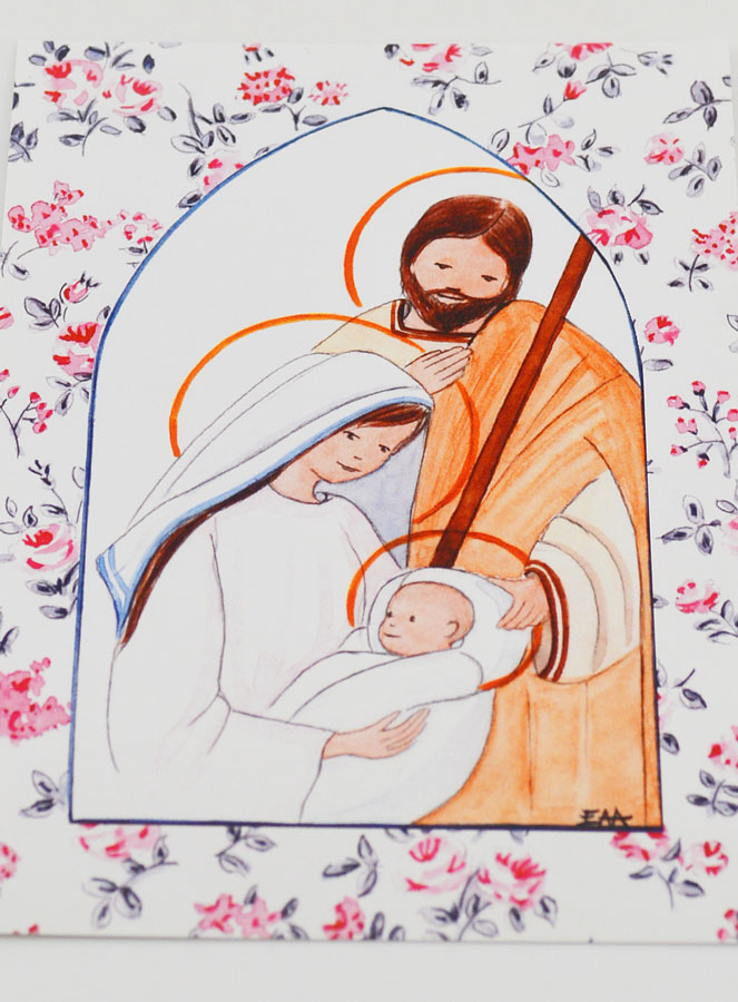 Carte de Baptême - Sainte Famille - Fleurs Rose (pic 2)