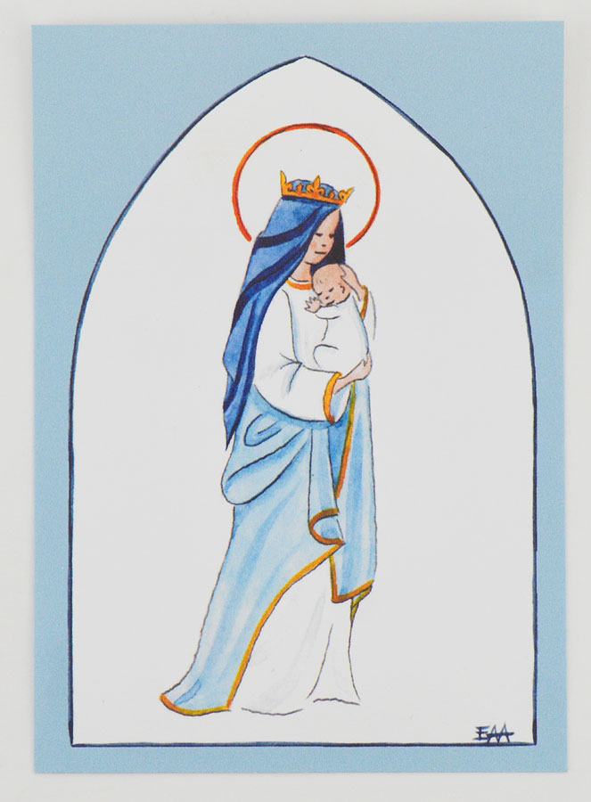 Carte de Baptême - Vierge Couronnée à l'Enfant Jésus - Bleu Ciel (pic 1)