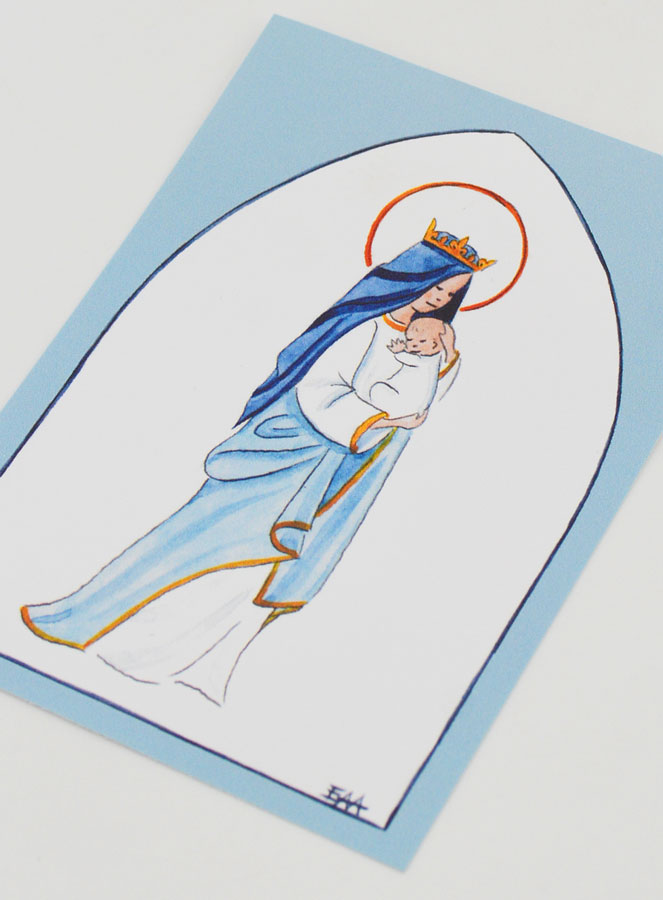 Carte de Baptême - Vierge Couronnée à l'Enfant Jésus - Bleu Ciel (pic 4)