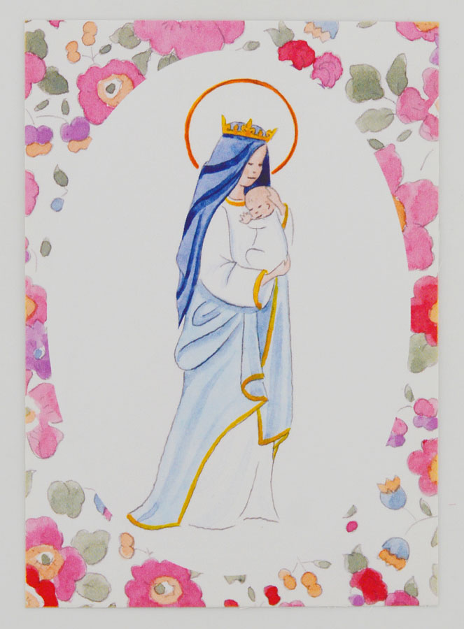 Carte de Baptême - Vierge Couronnée à l'Enfant Jésus - Fleurs Rose (pic 1)
