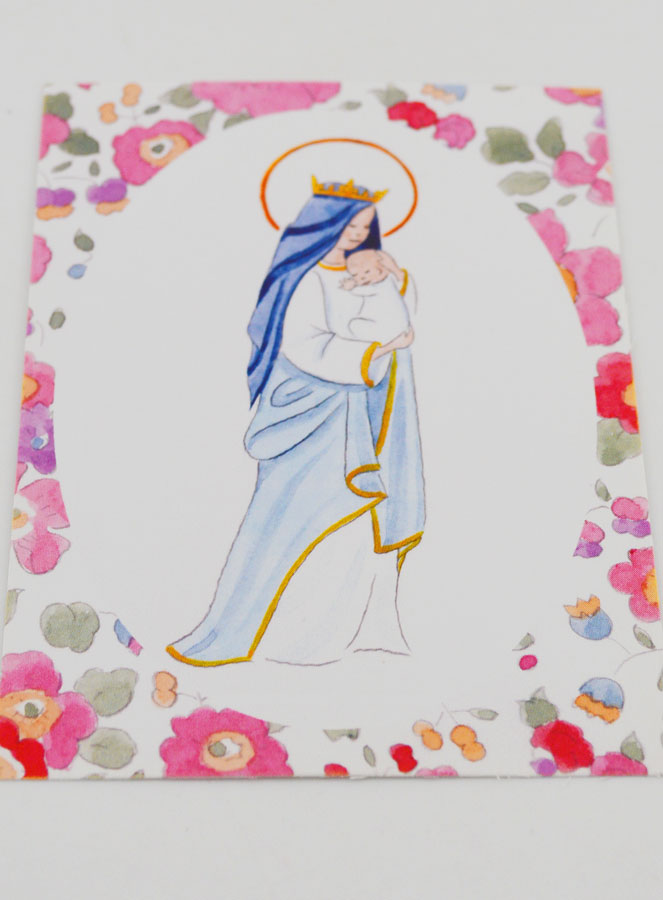 Carte de Baptême - Vierge Couronnée à l'Enfant Jésus - Fleurs Rose (pic 2)