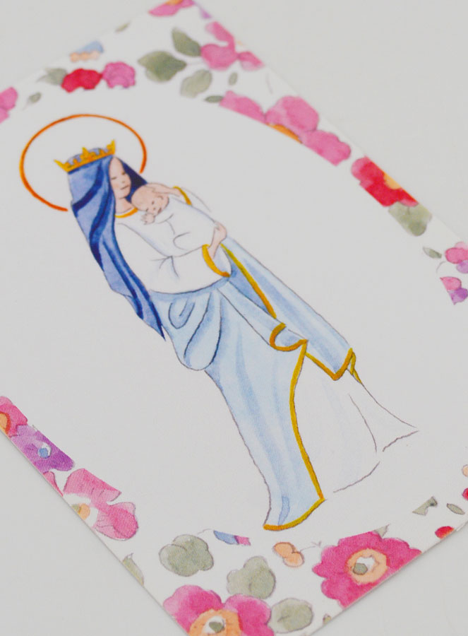 Carte de Baptême - Vierge Couronnée à l'Enfant Jésus - Fleurs Rose (pic 3)