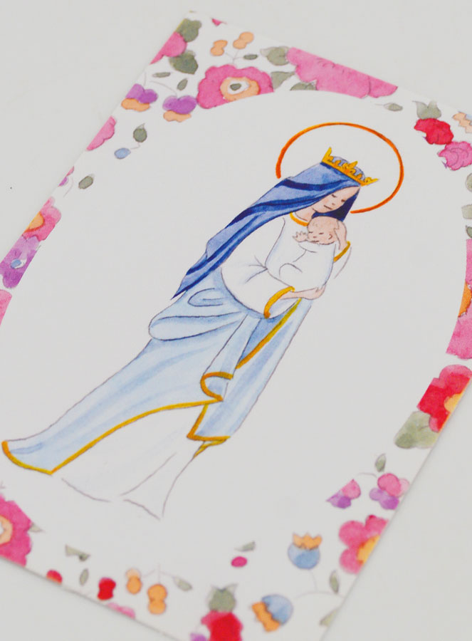 Carte de Baptême - Vierge Couronnée à l'Enfant Jésus - Fleurs Rose (pic 4)