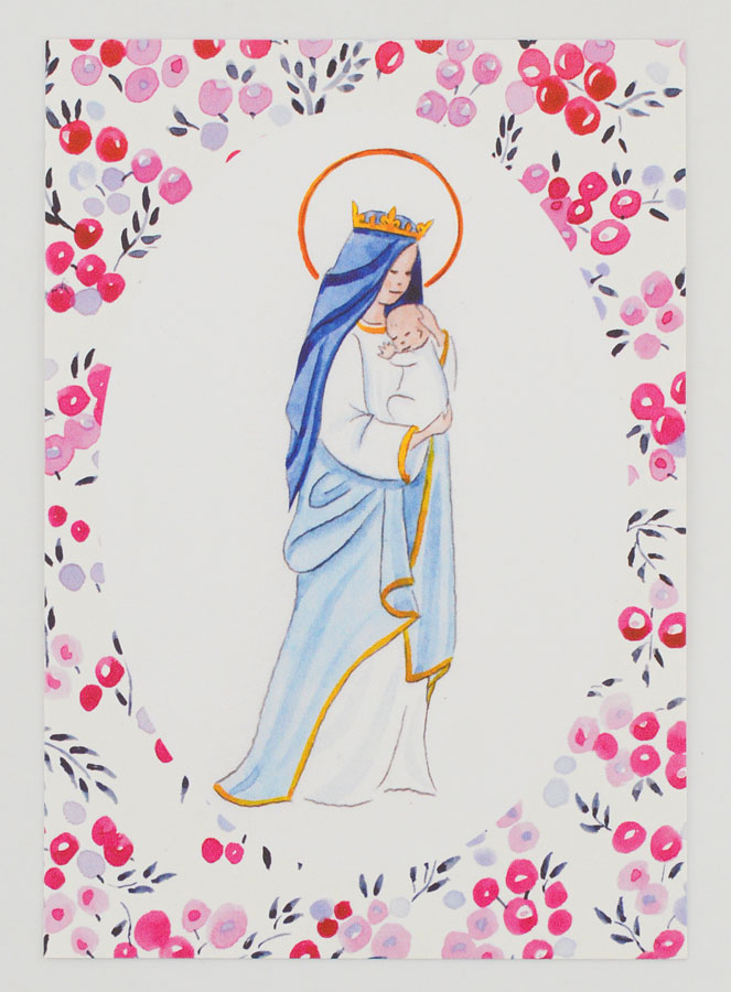 Carte de Baptême - Vierge Couronnée à l'Enfant Jésus - Fuchsia (pic 1)