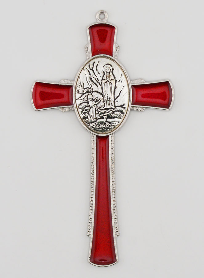 Croix de Lourdes Rouge 10 cm - Médaille des Apparitions (pic 1)