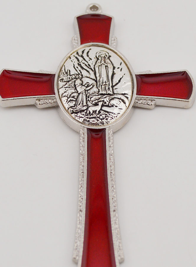 Croix de Lourdes Rouge 10 cm - Médaille des Apparitions (pic 2)