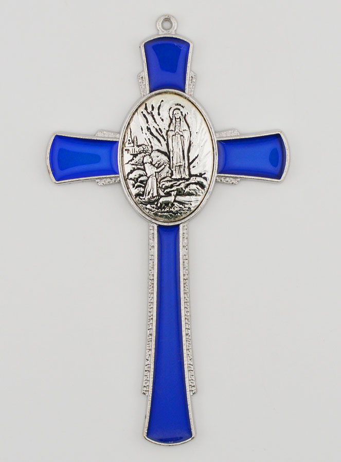 Croix de Lourdes Bleue 10 cm - Médaille des Apparitions (pic 1)