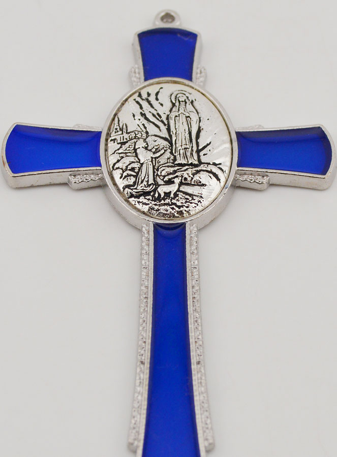 Croix de Lourdes Bleue 10 cm - Médaille des Apparitions (pic 2)
