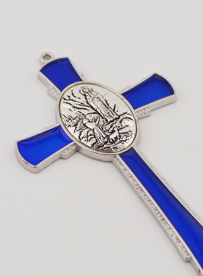 Croix de Lourdes Bleue 10 cm - Médaille des Apparitions (pic 3)