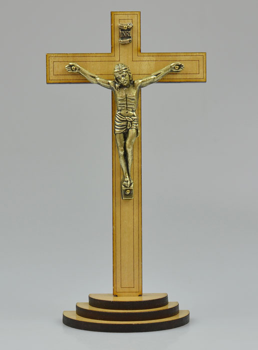Crucifix en Bois Clair et Christ Style Bronze Doré - 16 cm (pic 1)
