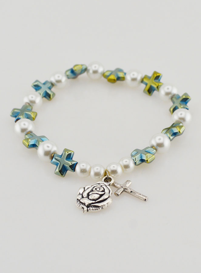 Bracelet Dizainier Perles et Croix en Nacre Verte (pic 2)