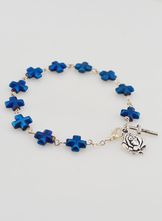 Bracelet Dizainier Perles et Croix en Nacre Bleue (pic 4)