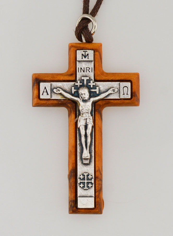 Pendentif Croix en Bois d'Olivier avec le Christ Argenté (pic 1)