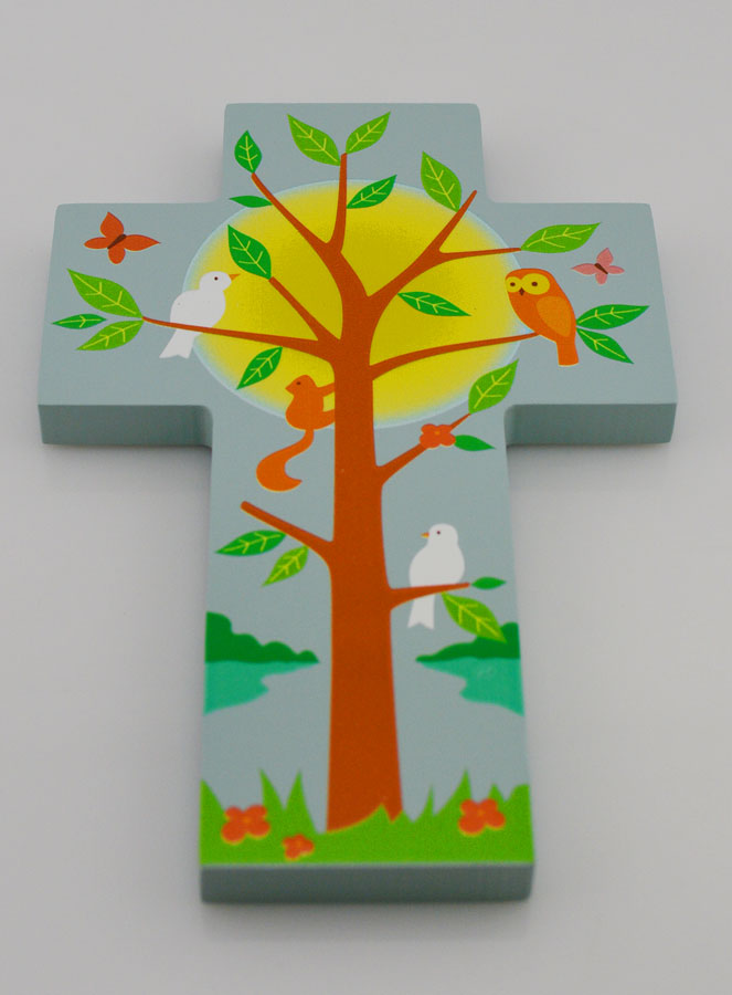 Croix Enfant en Bois - Arbre de Vie et Oiseaux (pic 2)