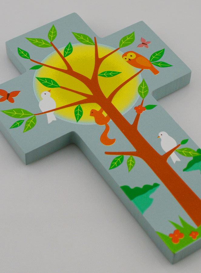 Croix Enfant en Bois - Arbre de Vie et Oiseaux (pic 3)