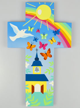 Grande Croix Enfant en Bois - Église & Papillons 35cm (pic 1)