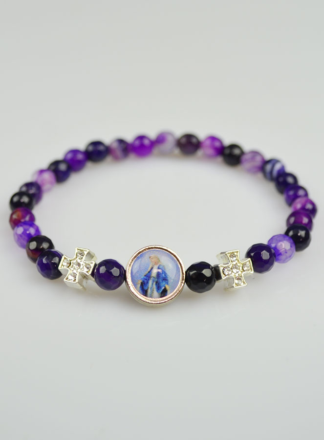 Bracelet Religieux en Agate Véritable - Croix & Médaille Vierge Miraculeuse (pic 2)