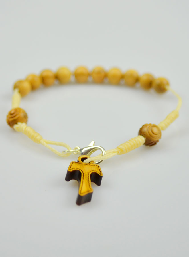 Bracelet Religieux Dizainier en Bois d'Olivier & Croix deTau (pic 3)