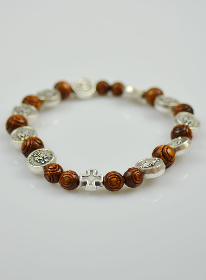 Bracelet Religieux Dizainier Vierge Miraculeuse en Bois Foncé & Croix (pic 3)