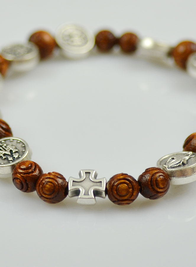 Bracelet Religieux Dizainier Vierge Miraculeuse en Bois Foncé & Croix (pic 4)