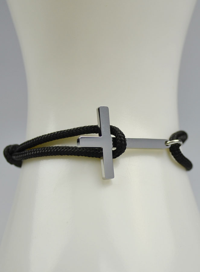 Bracelet avec Croix Argentée sur Cordon Noir - Taille Homme (pic 4)