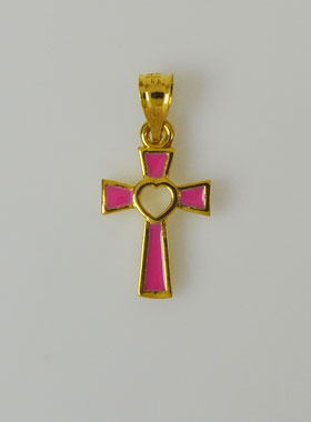 Pendentif Croix en Plaqué Or 18 Carats - Coeur Rose (pic 1)